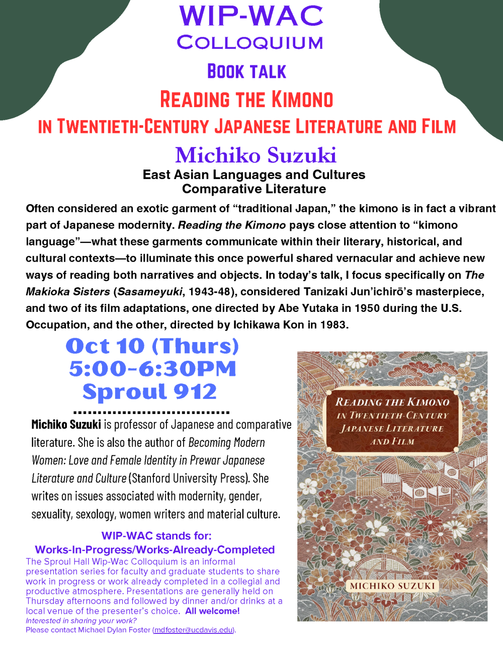 a flyer for the event, text on a white background, and the cover of "Reading the Kimono"