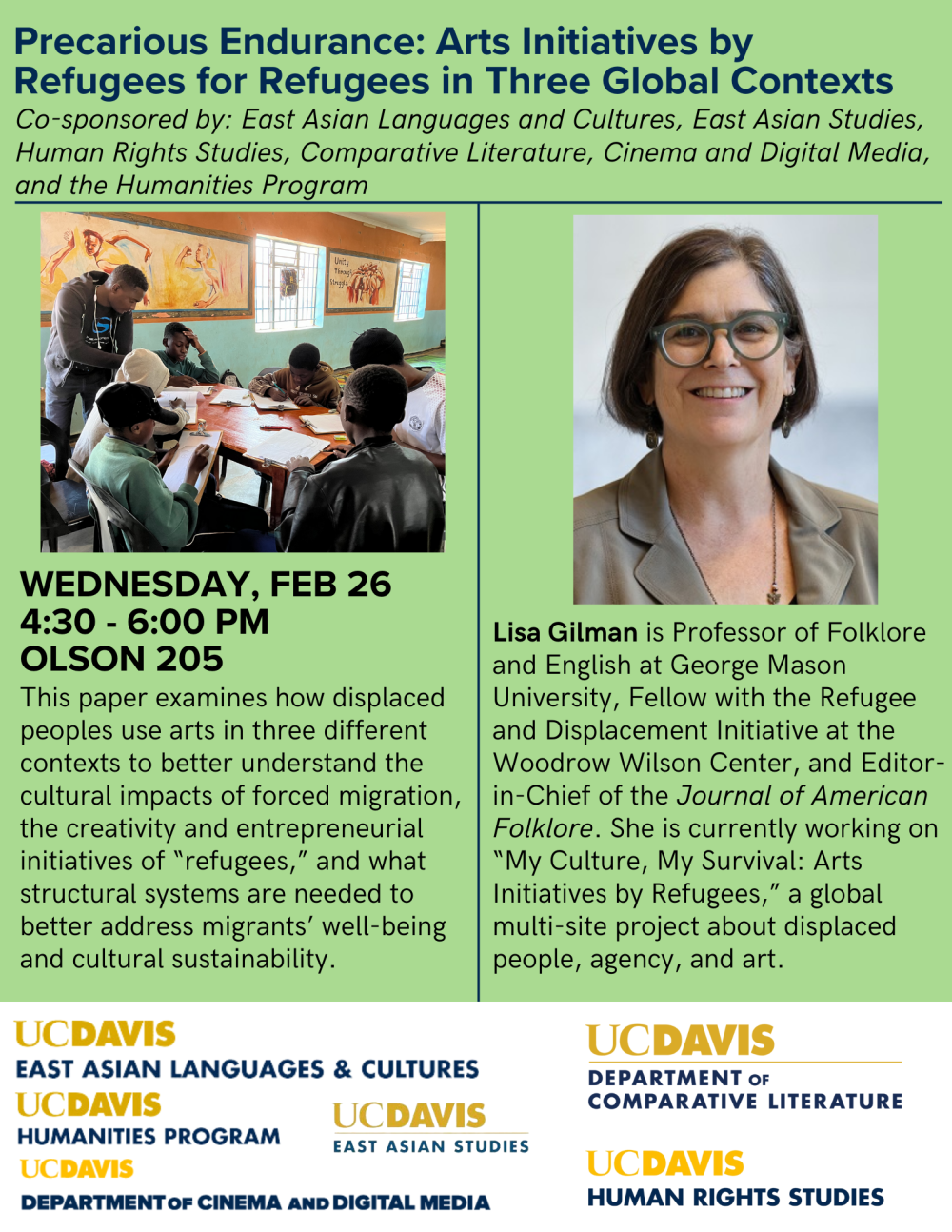 A flyer for the upcoming event, with a photo of a classroom and the speaker. The text is all written above.