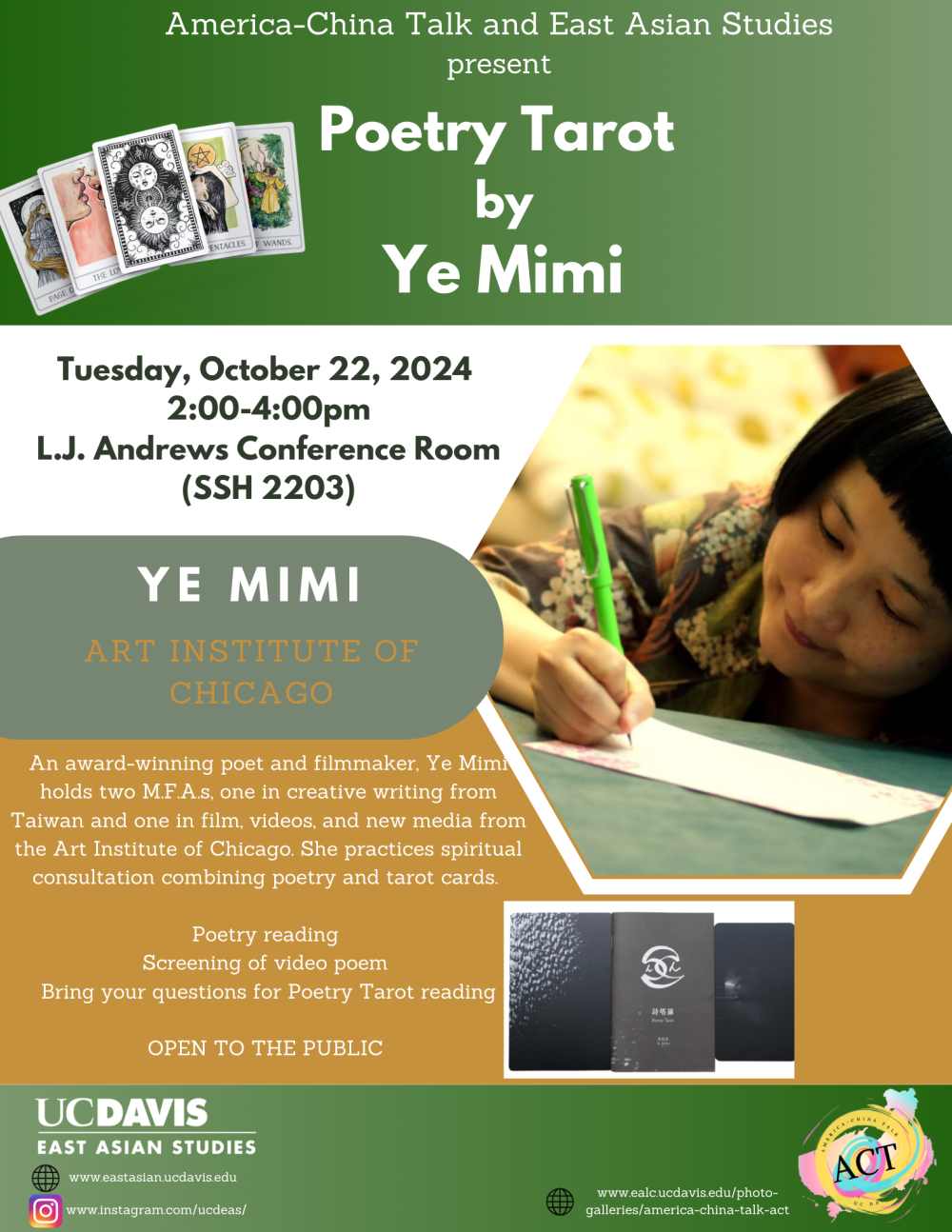 A flyer for the upcoming event, featuring tarot cards. The text is written above