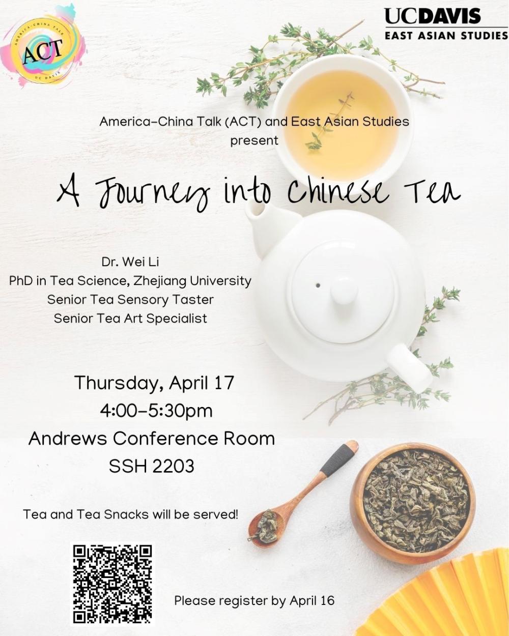 A flyer for the event, the text written above. Photos of a tea pot, cup, and leaves