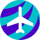 An icon of a plane on a blue and light blue circle
